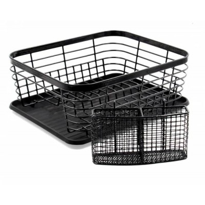 Kitchen Dish Drainer Drying Rack with Drip Tray and Full-Mesh Silverware Storage Basket, Black