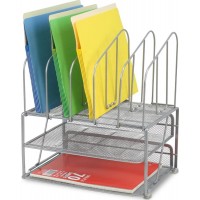 Mesh Desk Organizer with Double Tray and 5 Upright Sections, Office Organizer Rack