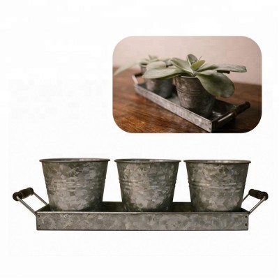 Galvanized Metal Buckets Planter with Wooden Handles Tray/ Flower Pot